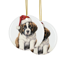 DistinctInk Hanging Ceramic Christmas Tree Ornament with Gold String - Great Gift/Present - 2 3/4 inch Diameter - St. Bernard Puppy Drawing Design