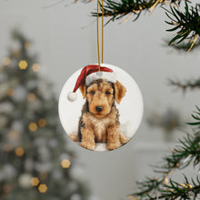 DistinctInk Hanging Ceramic Christmas Tree Ornament with Gold String - Great Gift/Present - 2 3/4 inch Diameter - Airedale Terrier Puppy Drawing Design