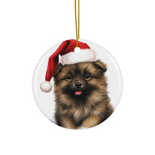 DistinctInk Hanging Ceramic Christmas Tree Ornament with Gold String - Great Gift/Present - 2 3/4 inch Diameter - Keeshonden Puppy Drawing Design