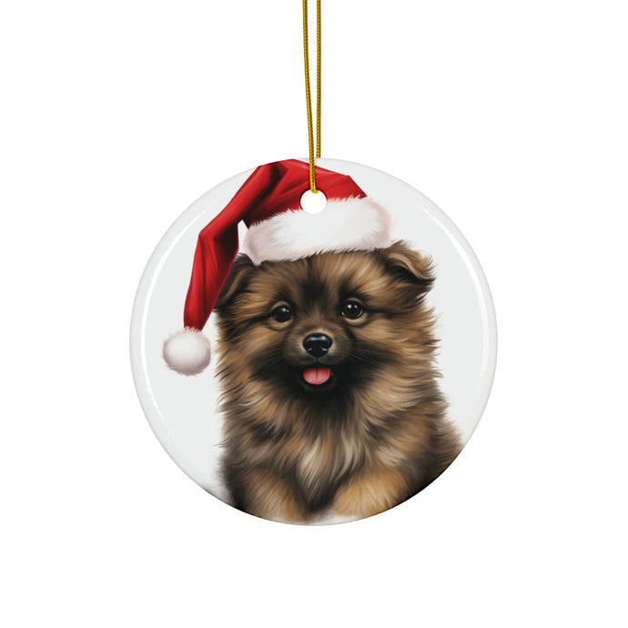 DistinctInk Hanging Ceramic Christmas Tree Ornament with Gold String - Great Gift/Present - 2 3/4 inch Diameter - Keeshonden Puppy Drawing Design