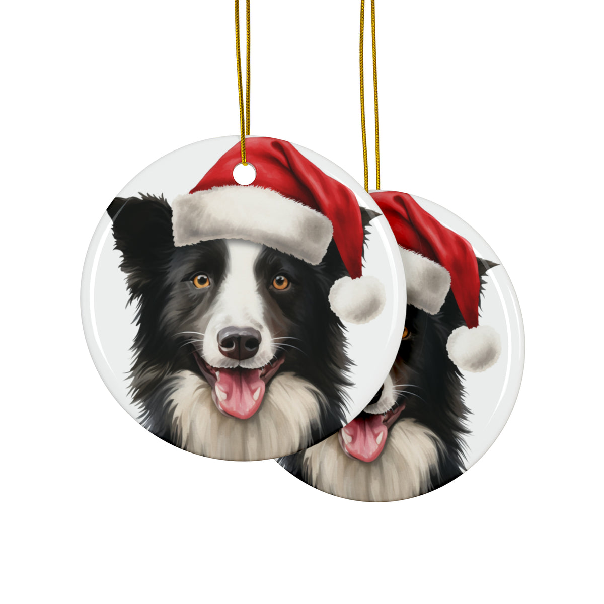 Hanging Ceramic Christmas Tree Ornament with Gold String - Border Collie Design, view 2