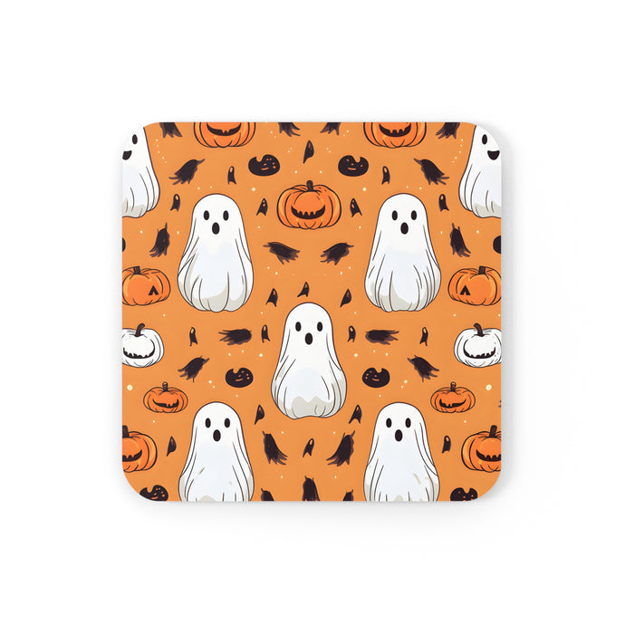 DistinctInk (Set of 4) Corkwood Coasters with Ghost Skeleton Cartoon PumpkinDesign for Halloween