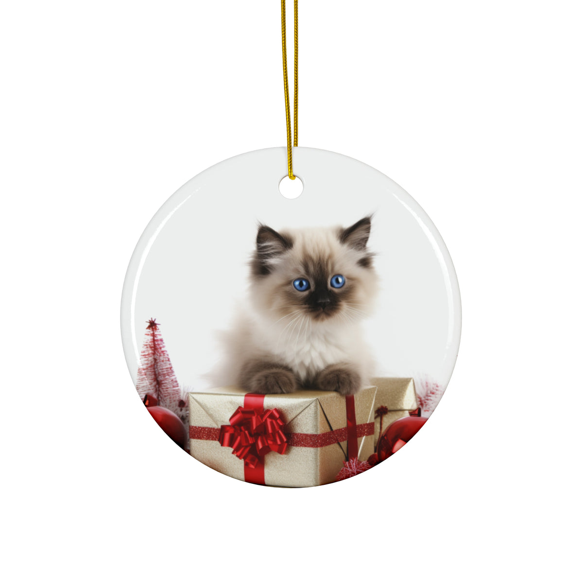 Hanging Ceramic Christmas Tree Ornament with Gold String - Birman Kitten Design