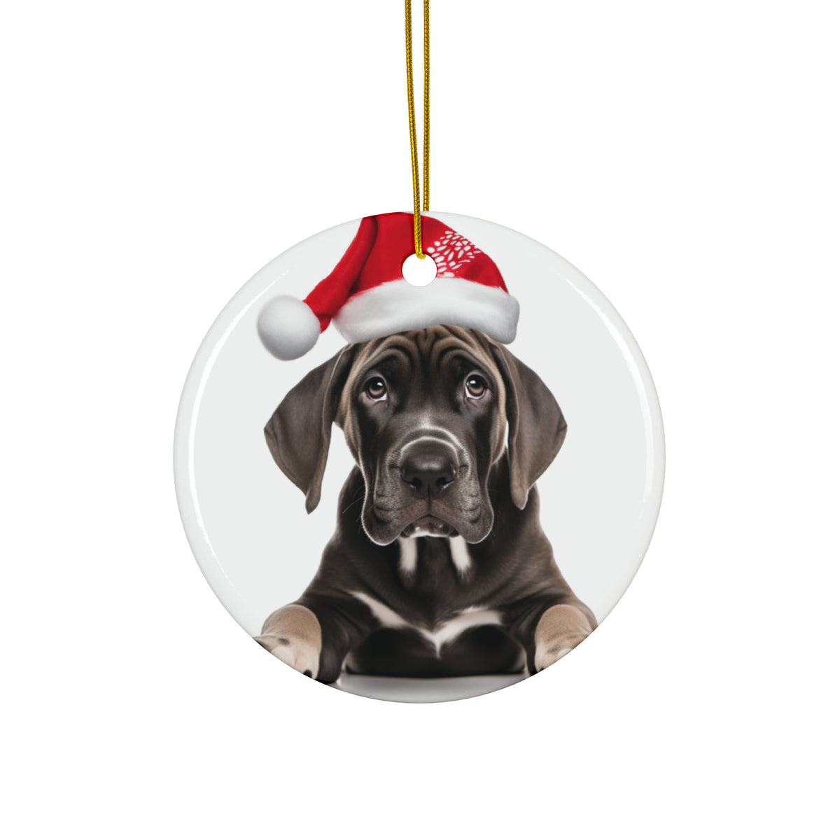 Hanging Ceramic Christmas Tree Ornament with Gold String - Great Dane Puppy Design
