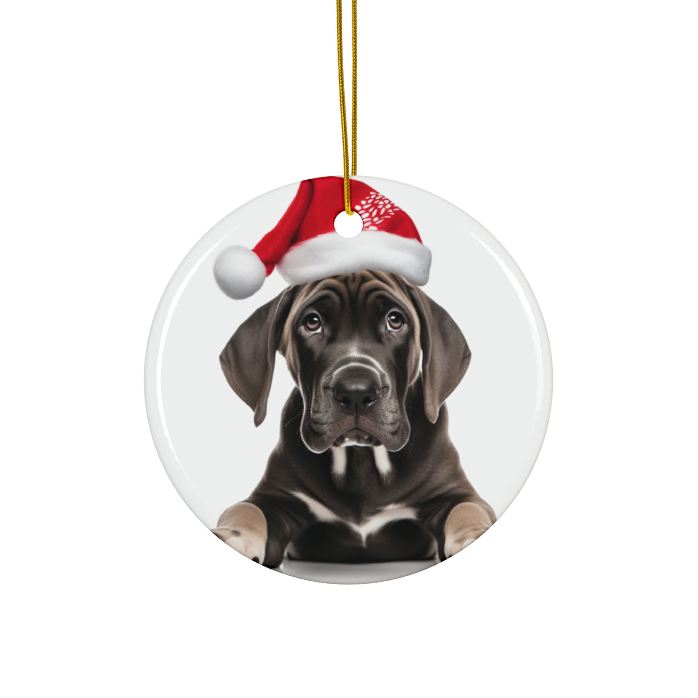 DistinctInk Hanging Ceramic Christmas Tree Ornament with Gold String - Great Gift/Present - 2 3/4 inch Diameter - Great Dane Puppy Design