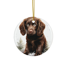 DistinctInk Hanging Ceramic Christmas Tree Ornament with Gold String - Great Gift/Present - 2 3/4 inch Diameter - Boykin Spaniel Puppy Drawing Design