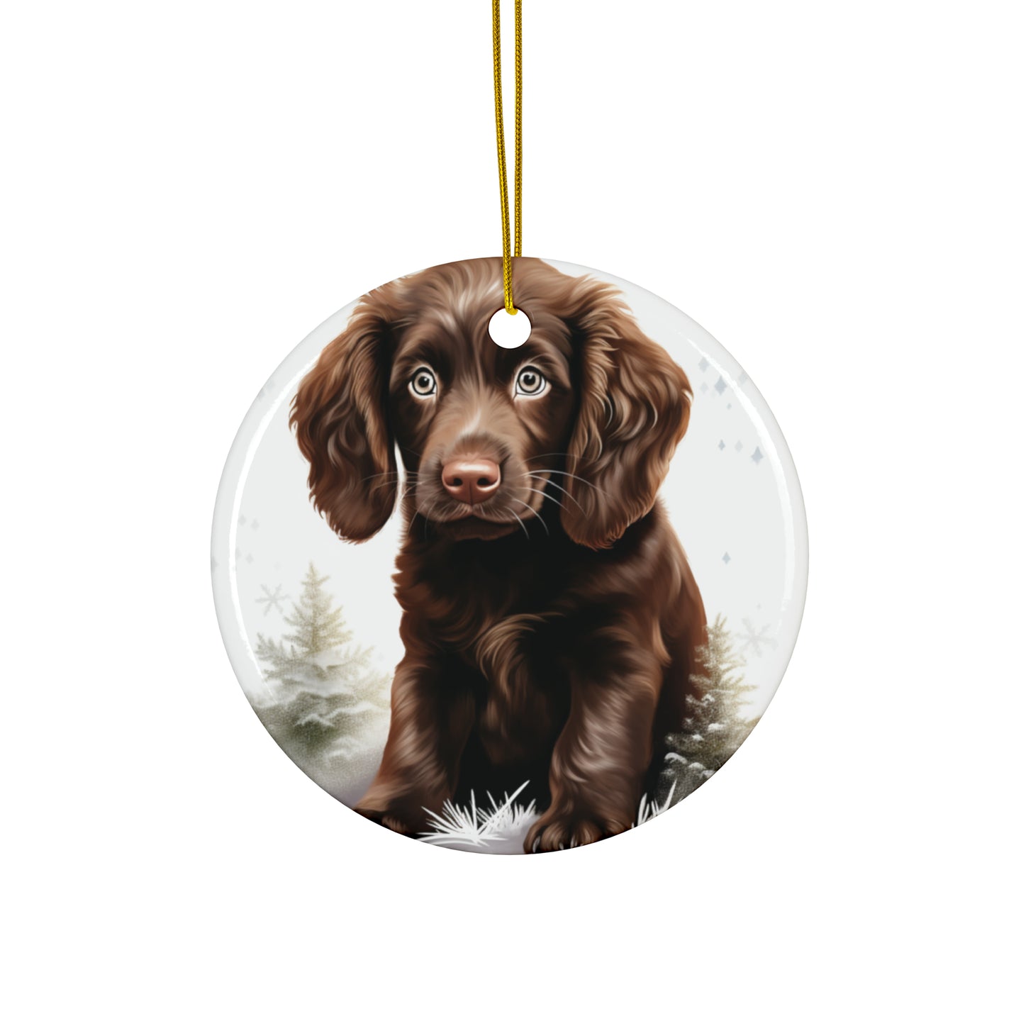 DistinctInk Hanging Ceramic Christmas Tree Ornament with Gold String - Great Gift/Present - 2 3/4 inch Diameter - Boykin Spaniel Puppy Drawing Design
