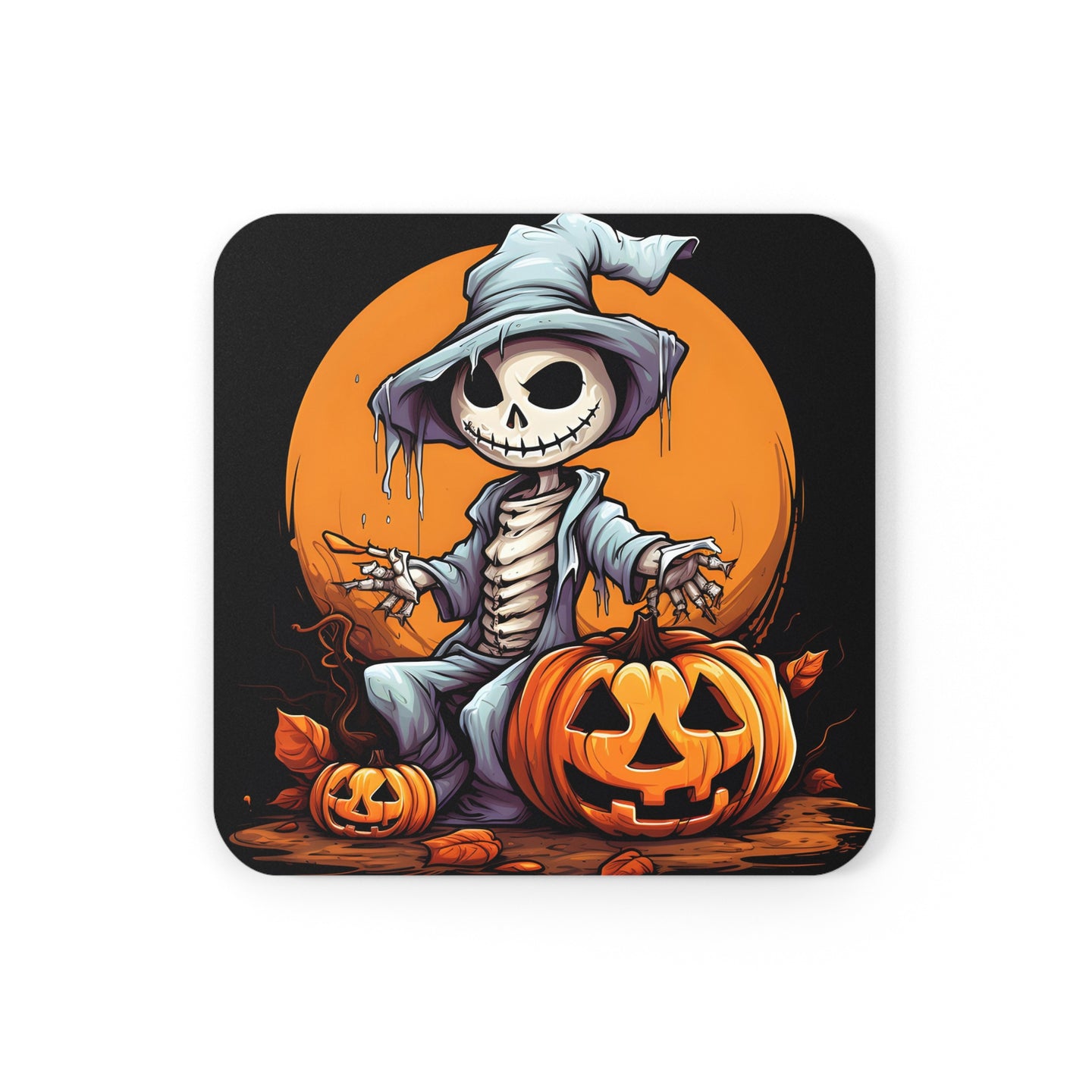 DistinctInk (Set of 4) Corkwood Coasters with Haunted Jack-O'-SkeletonDesign for Halloween