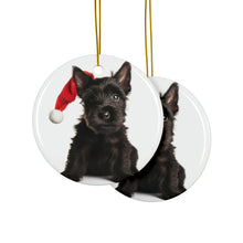 DistinctInk Hanging Ceramic Christmas Tree Ornament with Gold String - Great Gift/Present - 2 3/4 inch Diameter - Scottish Terrier Puppy Design