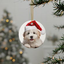DistinctInk Hanging Ceramic Christmas Tree Ornament with Gold String - Great Gift/Present - 2 3/4 inch Diameter - Coton de Tulear Puppy Design