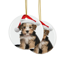 DistinctInk Hanging Ceramic Christmas Tree Ornament with Gold String - Great Gift/Present - 2 3/4 inch Diameter - Biewer Terrier Puppy Design