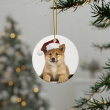 DistinctInk Hanging Ceramic Christmas Tree Ornament with Gold String - Great Gift/Present - 2 3/4 inch Diameter - Icelandic Sheepdog Puppy Design