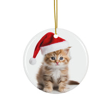DistinctInk Hanging Ceramic Christmas Tree Ornament with Gold String - Great Gift/Present - 2 3/4 inch Diameter - LaPerm Kitten Design