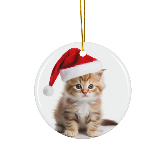 DistinctInk Hanging Ceramic Christmas Tree Ornament with Gold String - Great Gift/Present - 2 3/4 inch Diameter - LaPerm Kitten Design