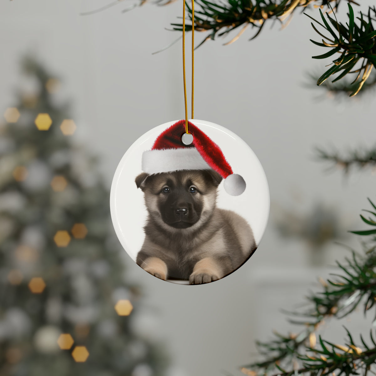 Hanging Ceramic Christmas Tree Ornament with Gold String - Norwegian Elkhound Puppy Design, view 3