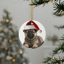 DistinctInk Hanging Ceramic Christmas Tree Ornament with Gold String - Great Gift/Present - 2 3/4 inch Diameter - Norwegian Elkhound Puppy Design