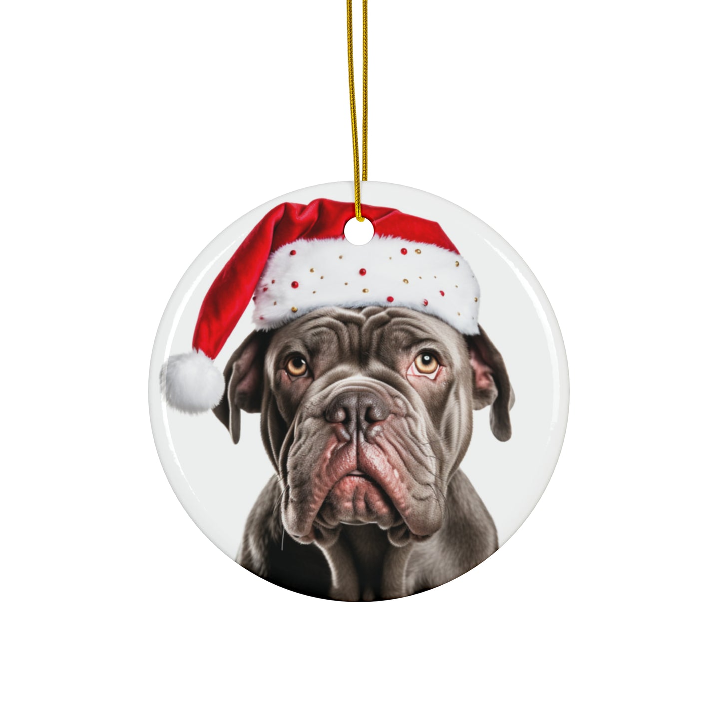 DistinctInk Hanging Ceramic Christmas Tree Ornament with Gold String - Great Gift/Present - 2 3/4 inch Diameter - Neapolitan Mastiff Design