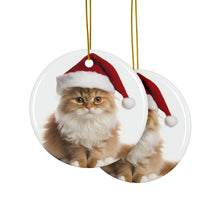 DistinctInk Hanging Ceramic Christmas Tree Ornament with Gold String - Great Gift/Present - 2 3/4 inch Diameter - Ragamuffin Cat Design