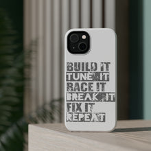 DistinctInk ToughCase for Apple iPhone, Compatible with MagSafe Charging - Build It Tune Race Break Fix Repeat