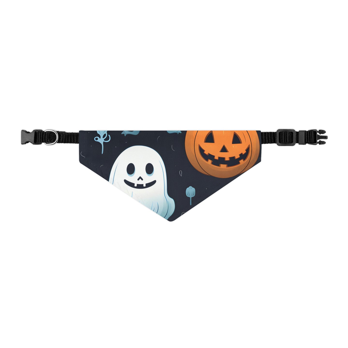 DistinctInk Adjustable Pet Banana Collar with Ghastly Skeleton Pumpkin Patch Design for Halloween