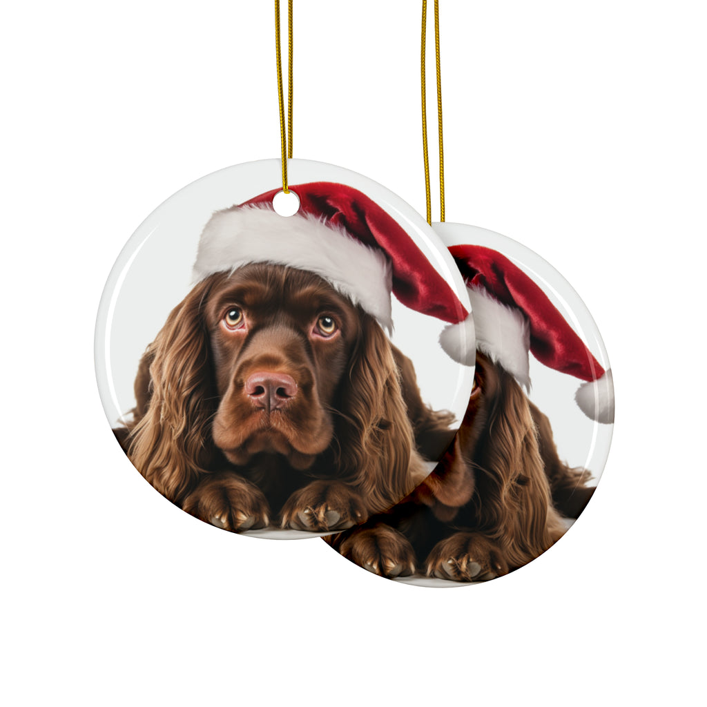 Hanging Ceramic Christmas Tree Ornament with Gold String - Sussex Spaniel Design, view 2