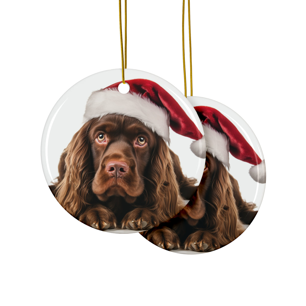 Hanging Ceramic Christmas Tree Ornament with Gold String - Sussex Spaniel Design, view 2
