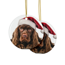DistinctInk Hanging Ceramic Christmas Tree Ornament with Gold String - Great Gift/Present - 2 3/4 inch Diameter - Sussex Spaniel Design