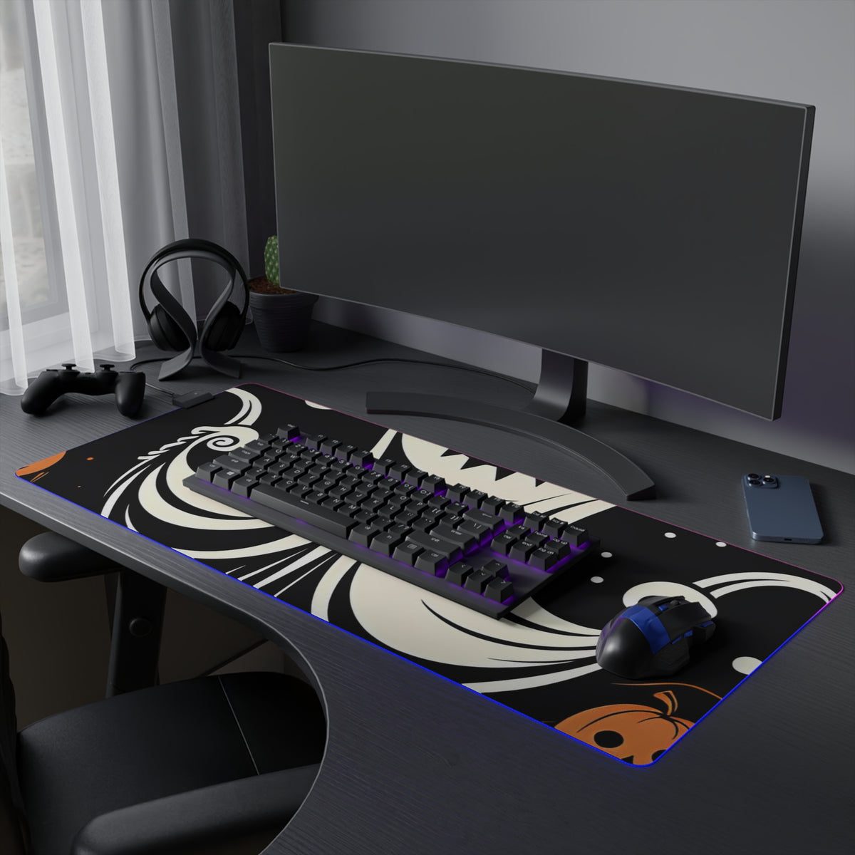 LED Gaming Mouse Pad with Ghost Skeleton Cartoon Pumpkins Design for Halloween, view 27