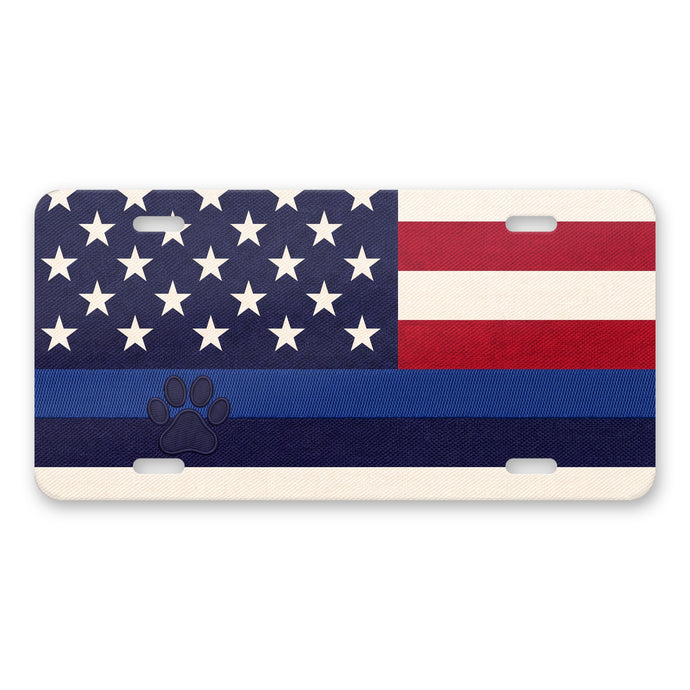 Blue Line K9 Paw Flag aluminum front license plate