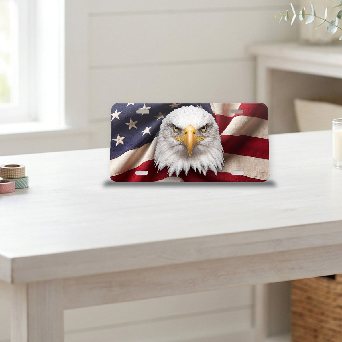 Patriotic Eagle & Flag aluminum front license plate
