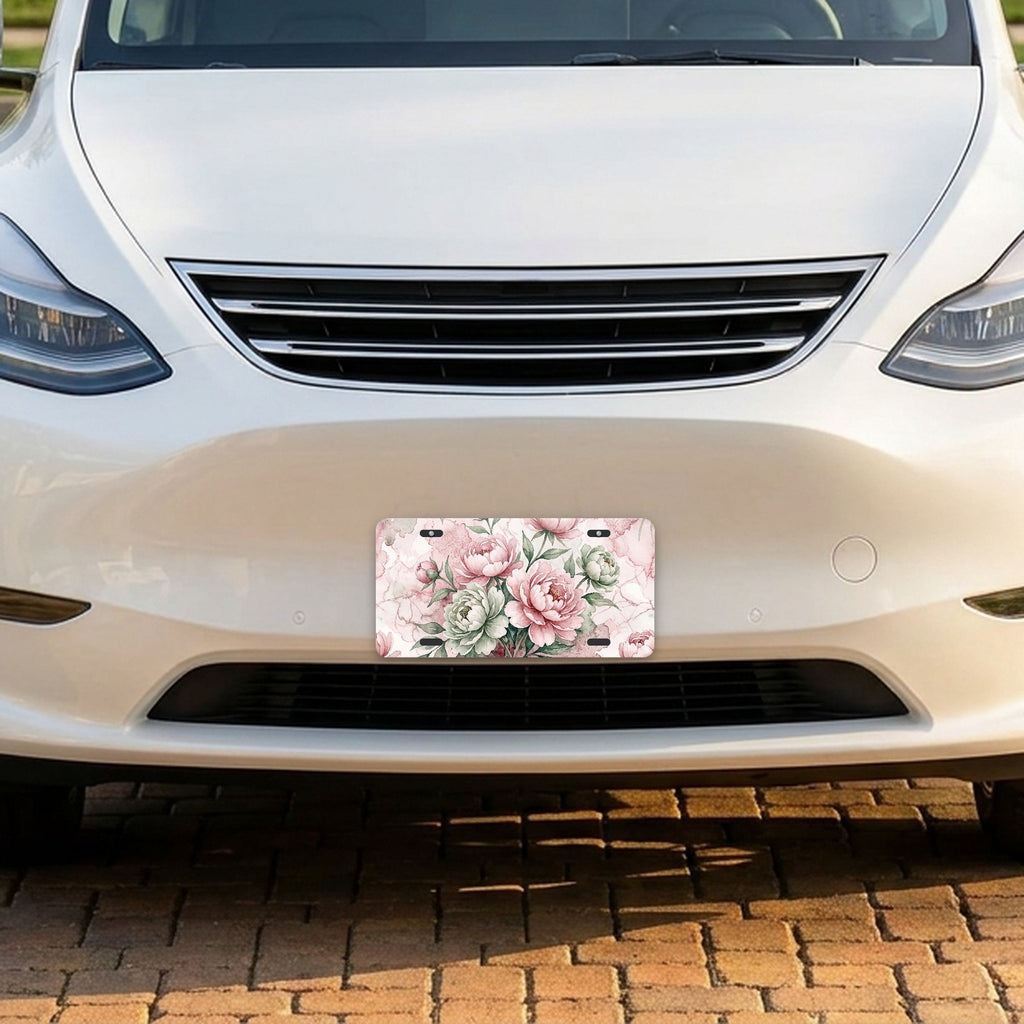 Watercolor Peony Floral aluminum front license plate