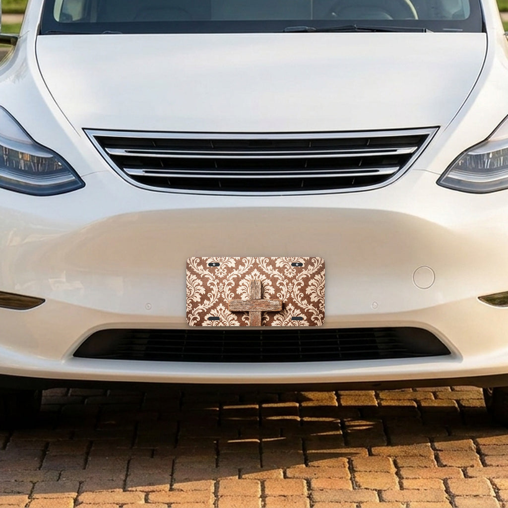 Wooden Cross aluminum front license plate