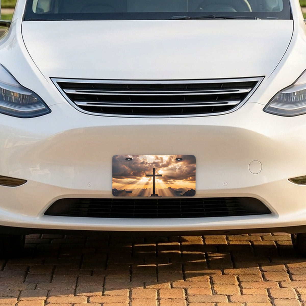 Cross On Mountains aluminum front license plate