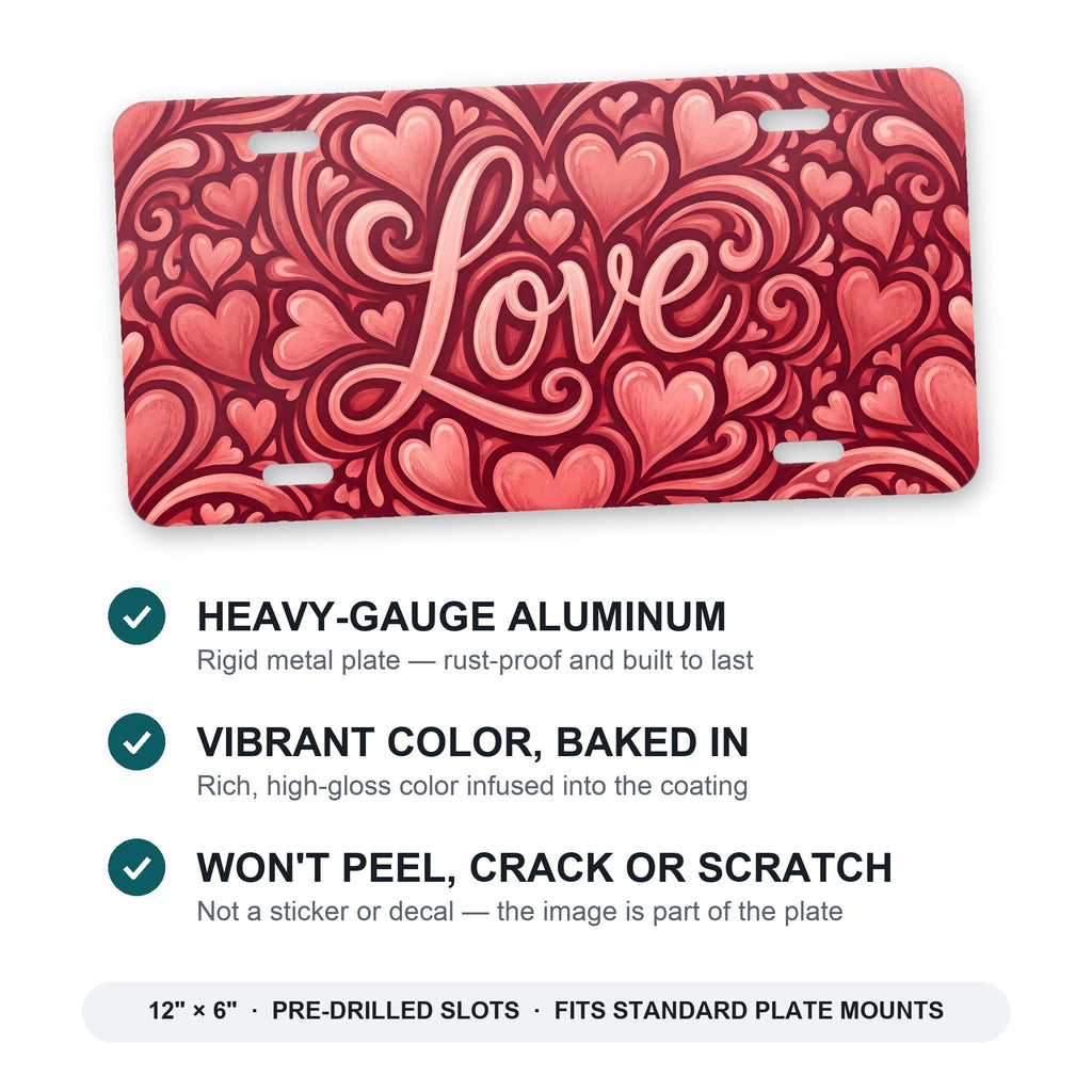 Love Script Hearts aluminum front license plate