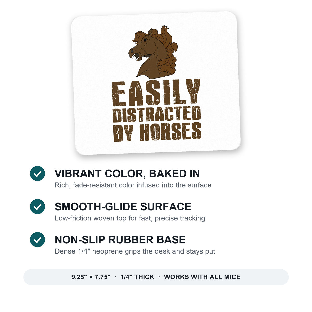 Easily Distracted By Horses mouse pad: vibrant color, smooth-glide surface, non-slip rubber base, 9.25 x 7.75 inches