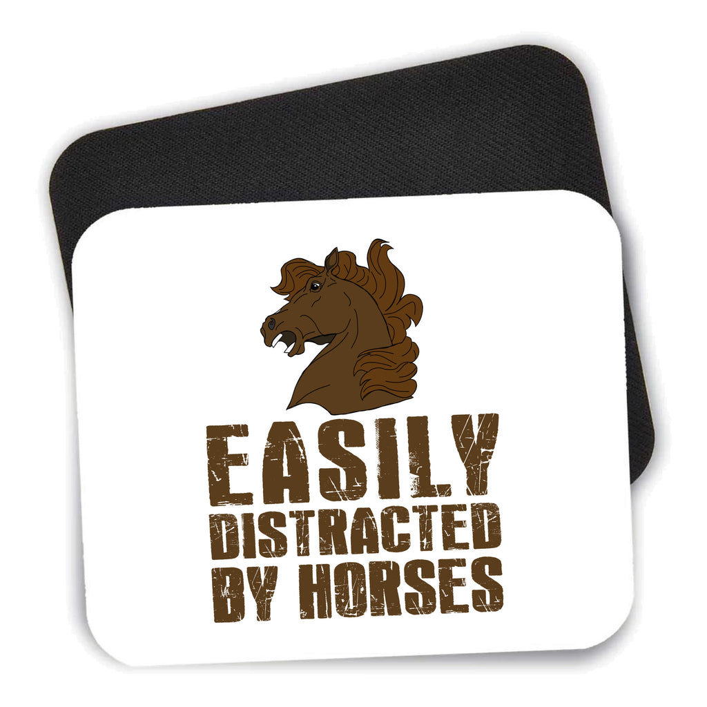 Easily Distracted By Horses mouse pad shown with its black non-slip rubber underside