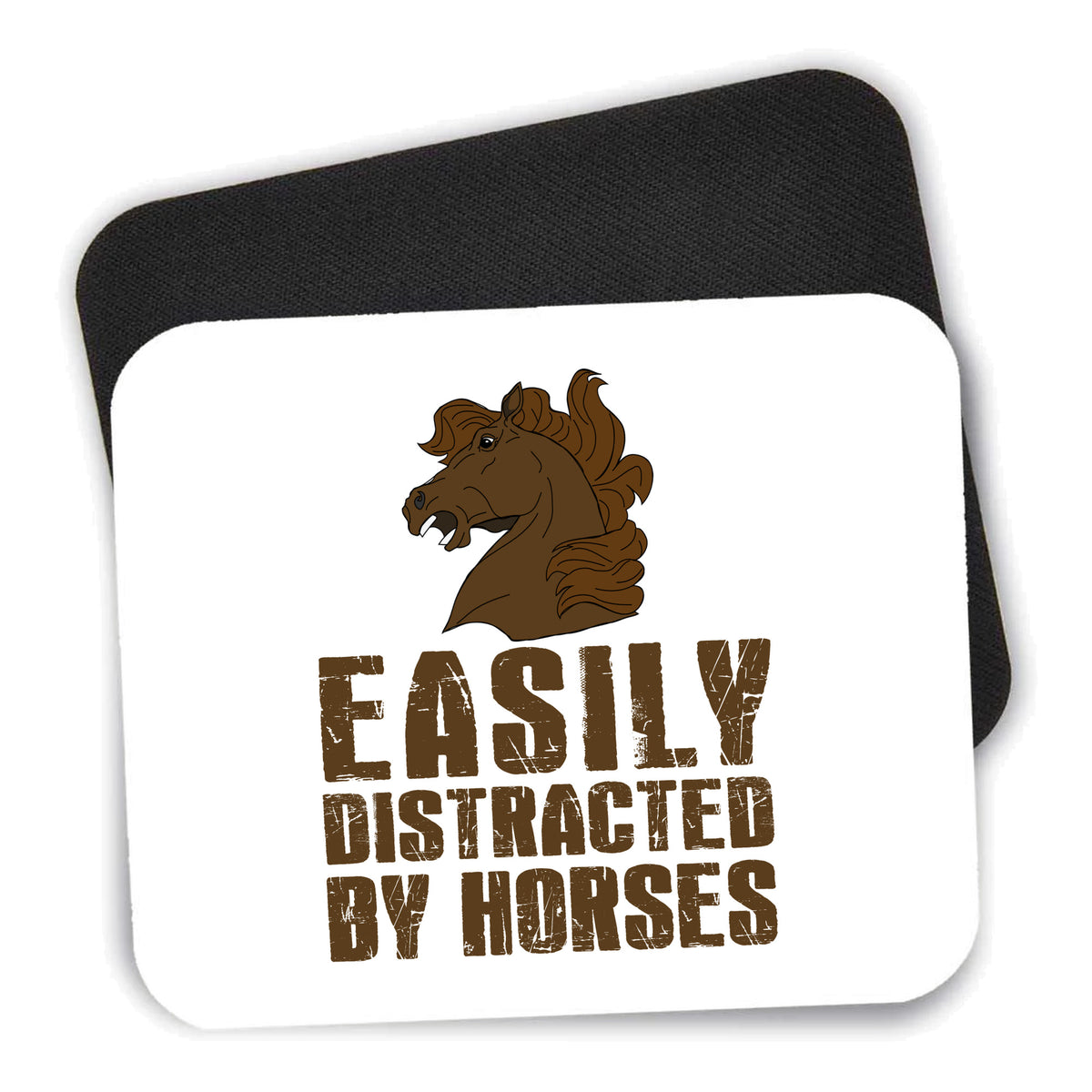 Easily Distracted By Horses mouse pad shown with its black non-slip rubber underside
