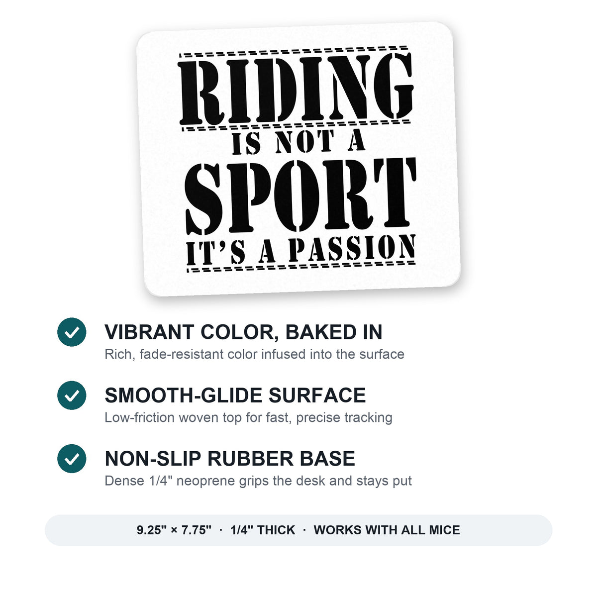 Riding is A Passion - horses mouse pad: vibrant color, smooth-glide surface, non-slip rubber base, 9.25 x 7.75 inches