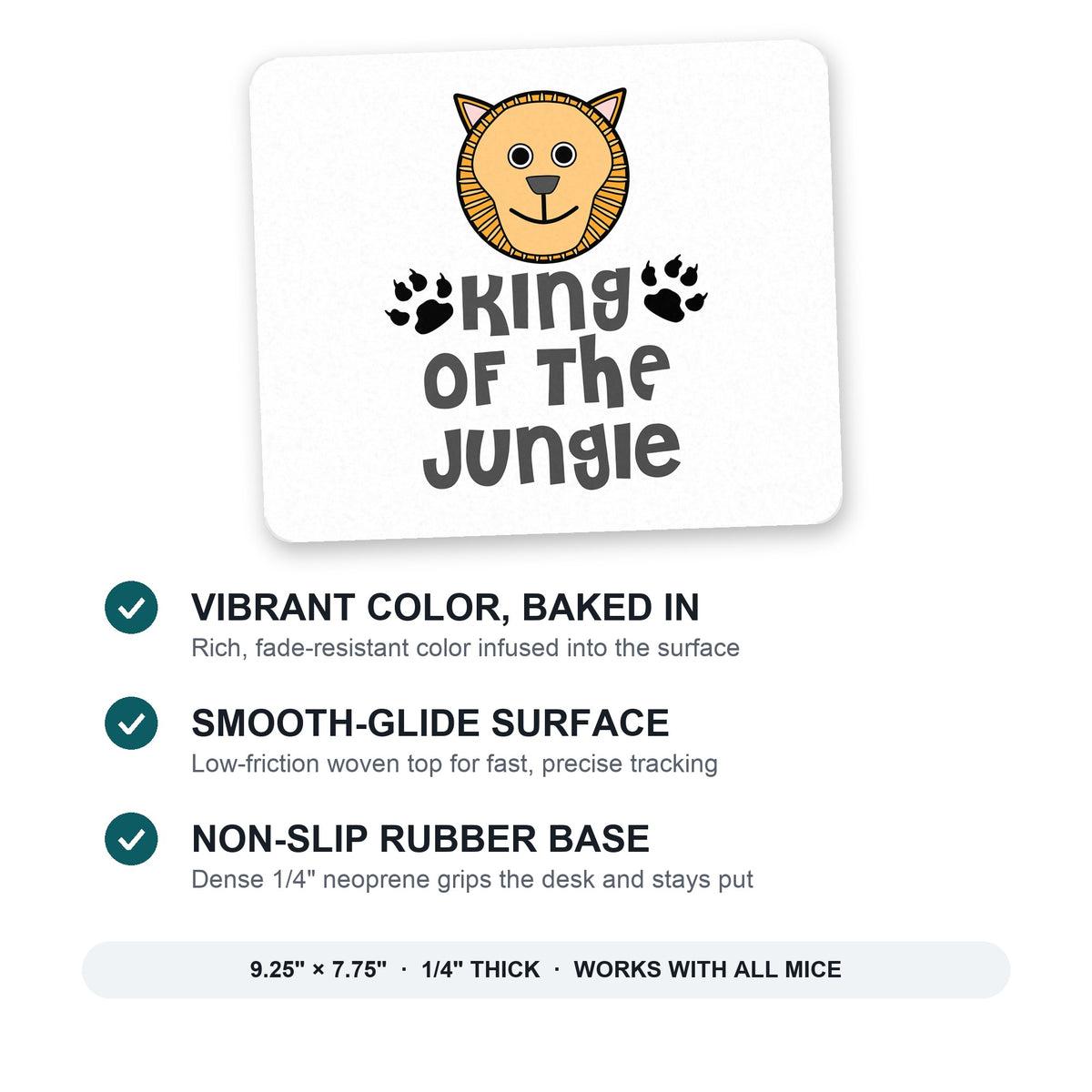 King of the Jungle - Lion mouse pad: vibrant color, smooth-glide surface, non-slip rubber base, 9.25 x 7.75 inches