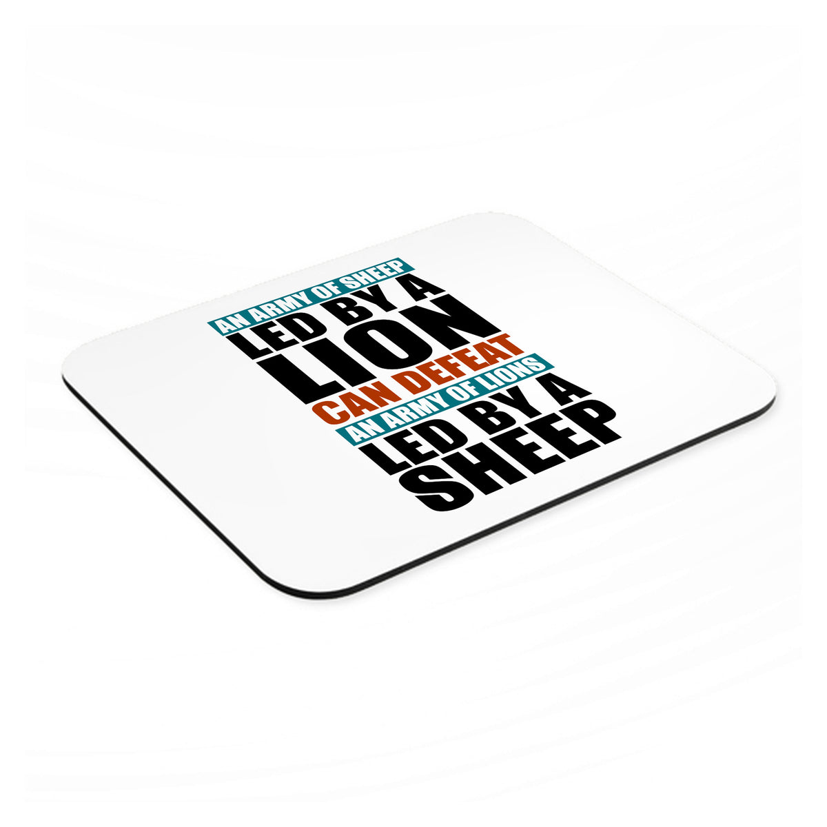 Sheep Led By Lion Defeat Lions Led By Sheep mouse pad, angled view showing the 1/4 inch thick base