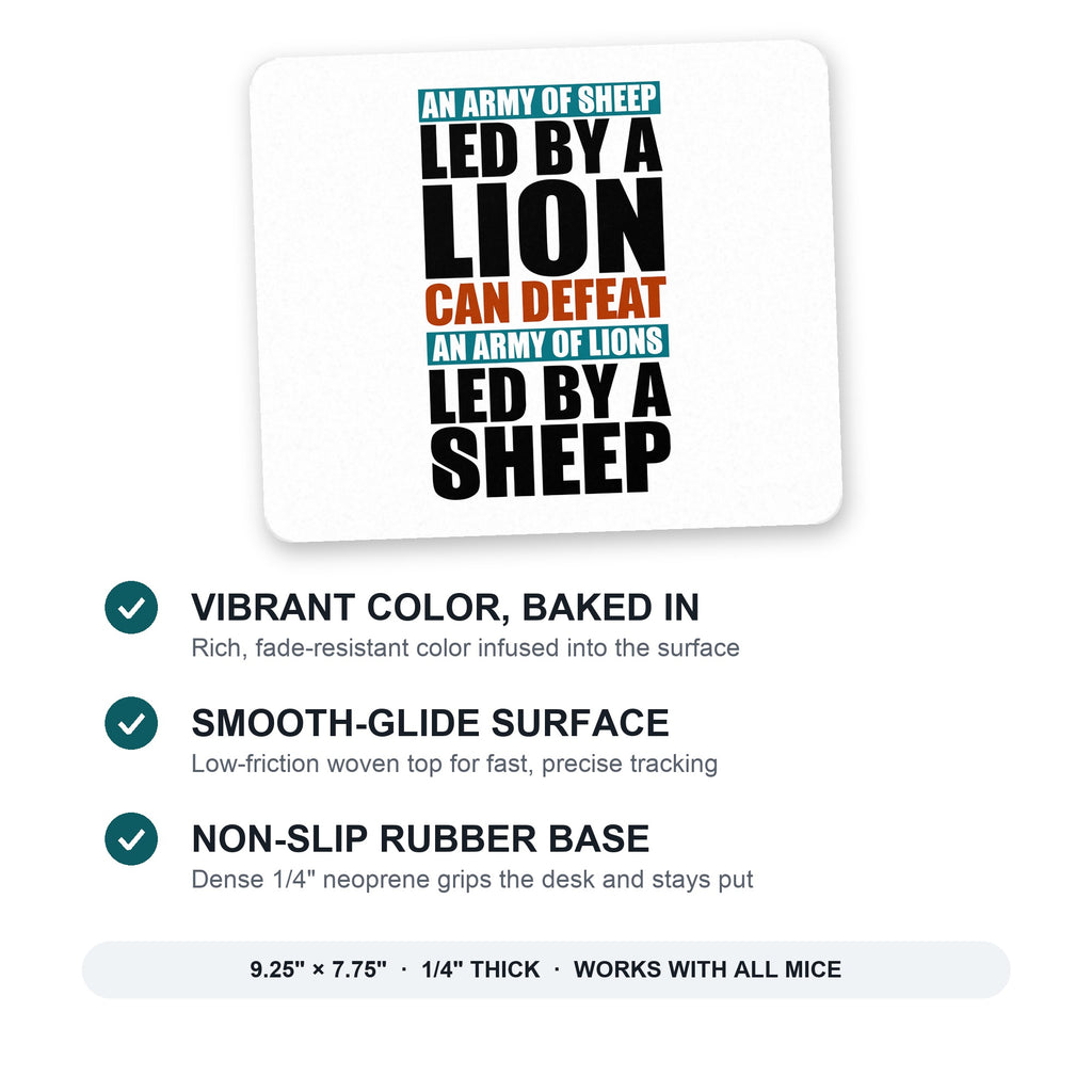 Sheep Led By Lion Defeat Lions Led By Sheep mouse pad: vibrant color, smooth-glide surface, non-slip rubber base, 9.25 x 7.75 inches