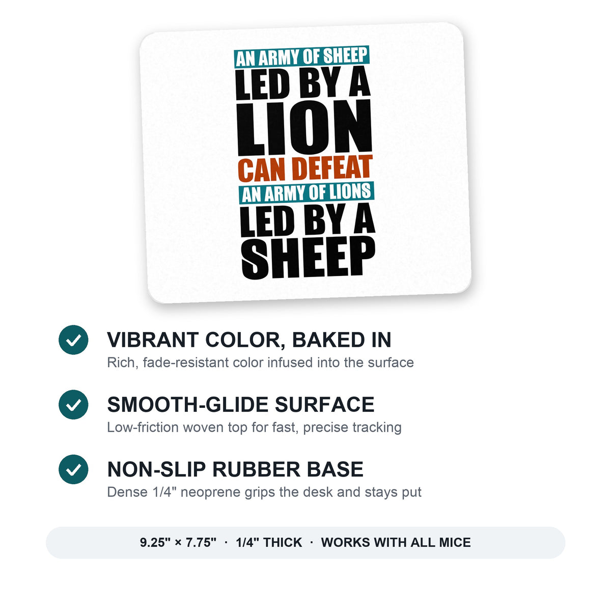 Sheep Led By Lion Defeat Lions Led By Sheep mouse pad: vibrant color, smooth-glide surface, non-slip rubber base, 9.25 x 7.75 inches