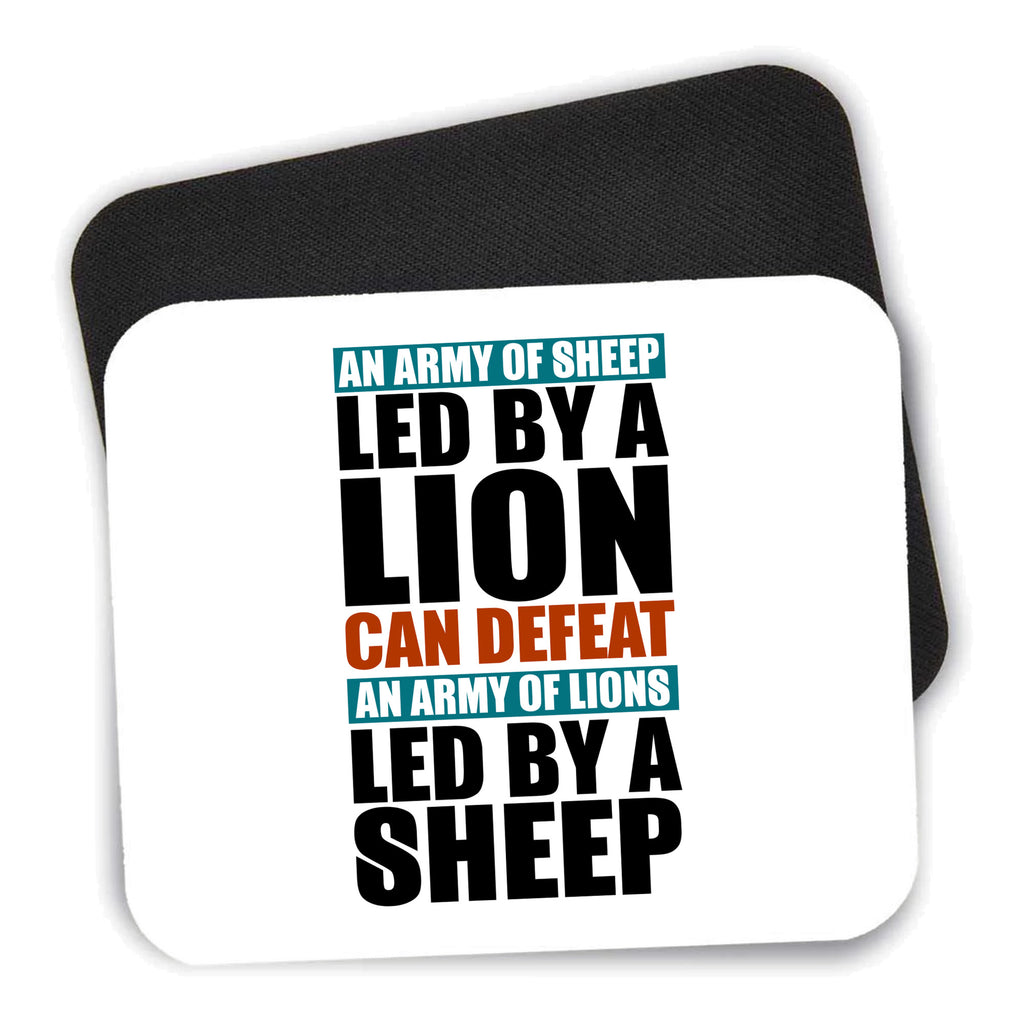 Sheep Led By Lion Defeat Lions Led By Sheep mouse pad shown with its black non-slip rubber underside
