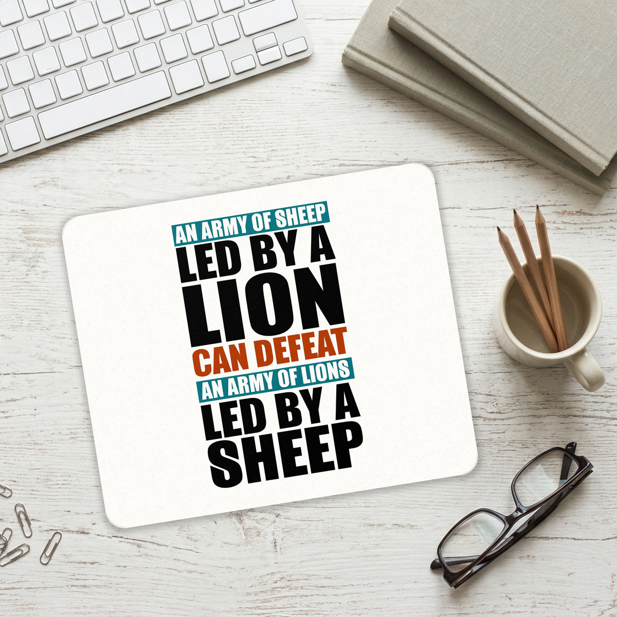 Sheep Led By Lion Defeat Lions Led By Sheep mouse pad on a desk with a keyboard