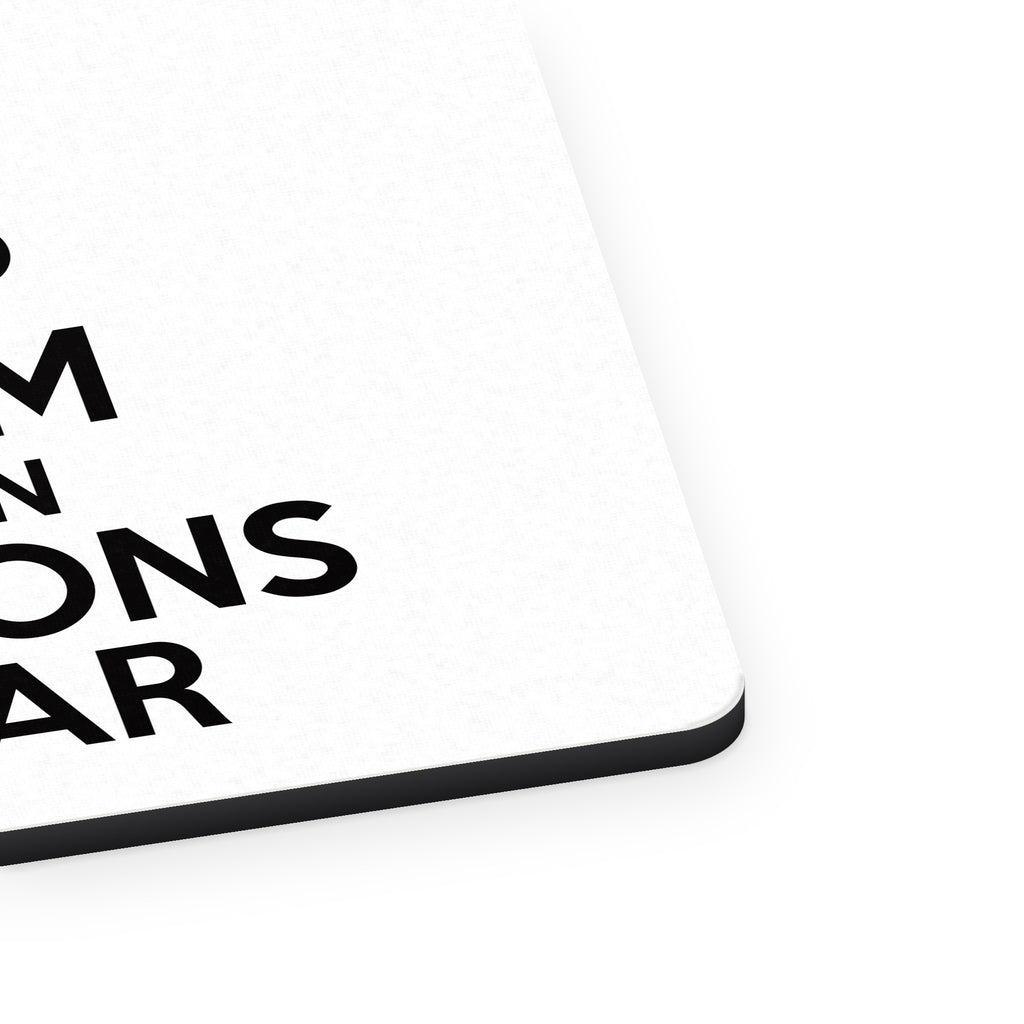 Keep Calm Listen to Lions Roar mouse pad, close-up of the fabric surface and rubber edge