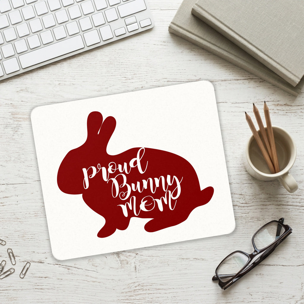 Proud Bunny Mom - Rabbit mouse pad on a desk with a keyboard