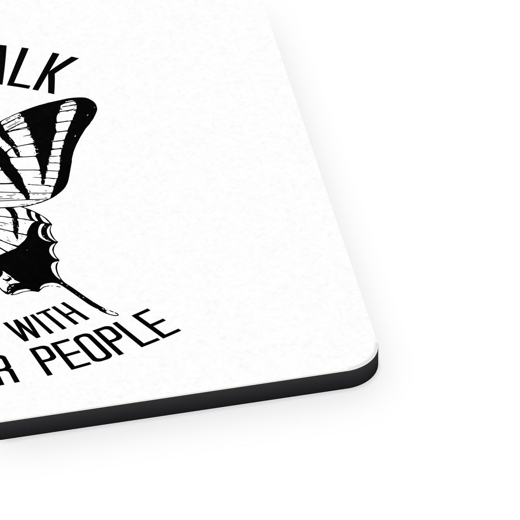 Can't Talk Butterfly with Caterpillar People mouse pad, close-up of the fabric surface and rubber edge