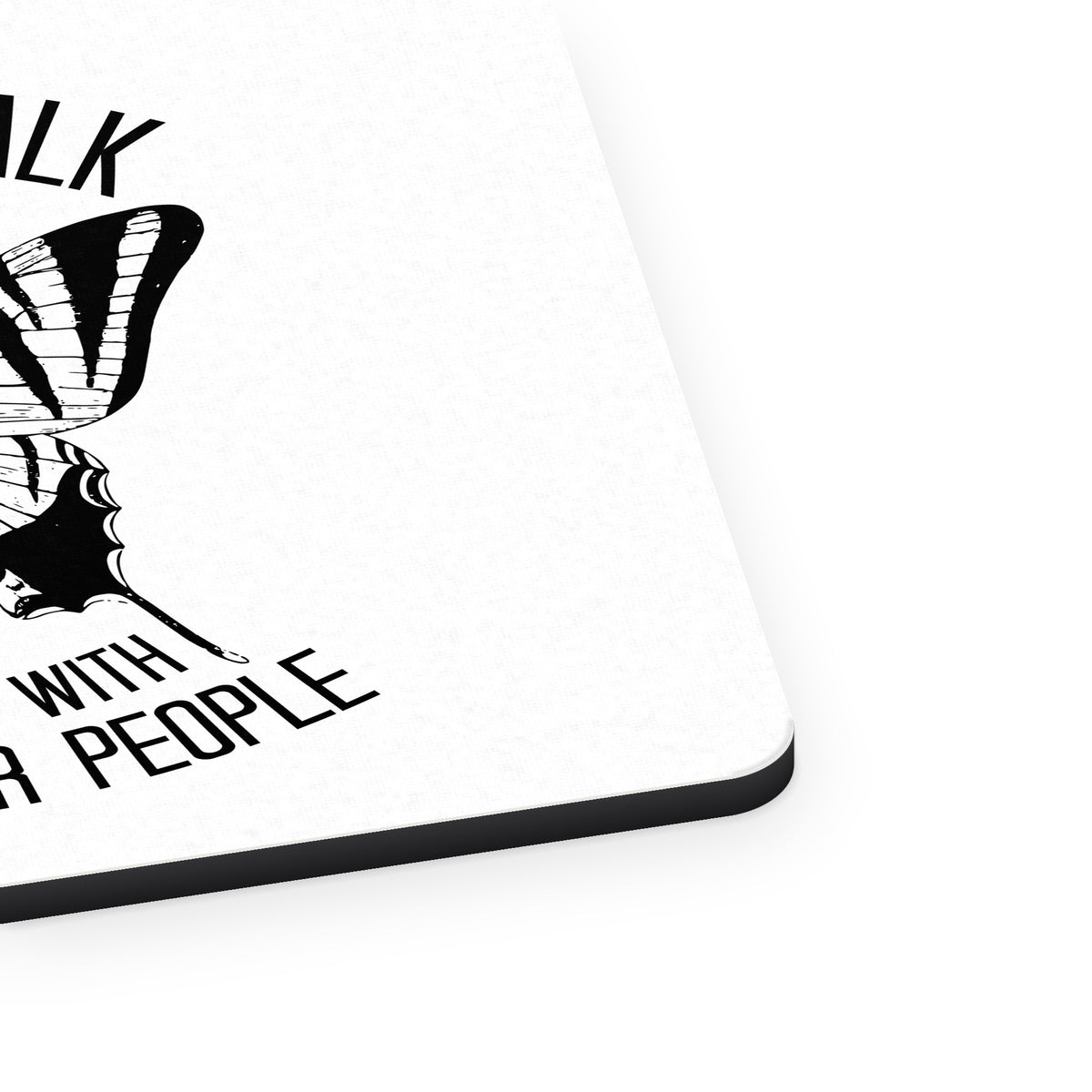 Can't Talk Butterfly with Caterpillar People mouse pad, close-up of the fabric surface and rubber edge