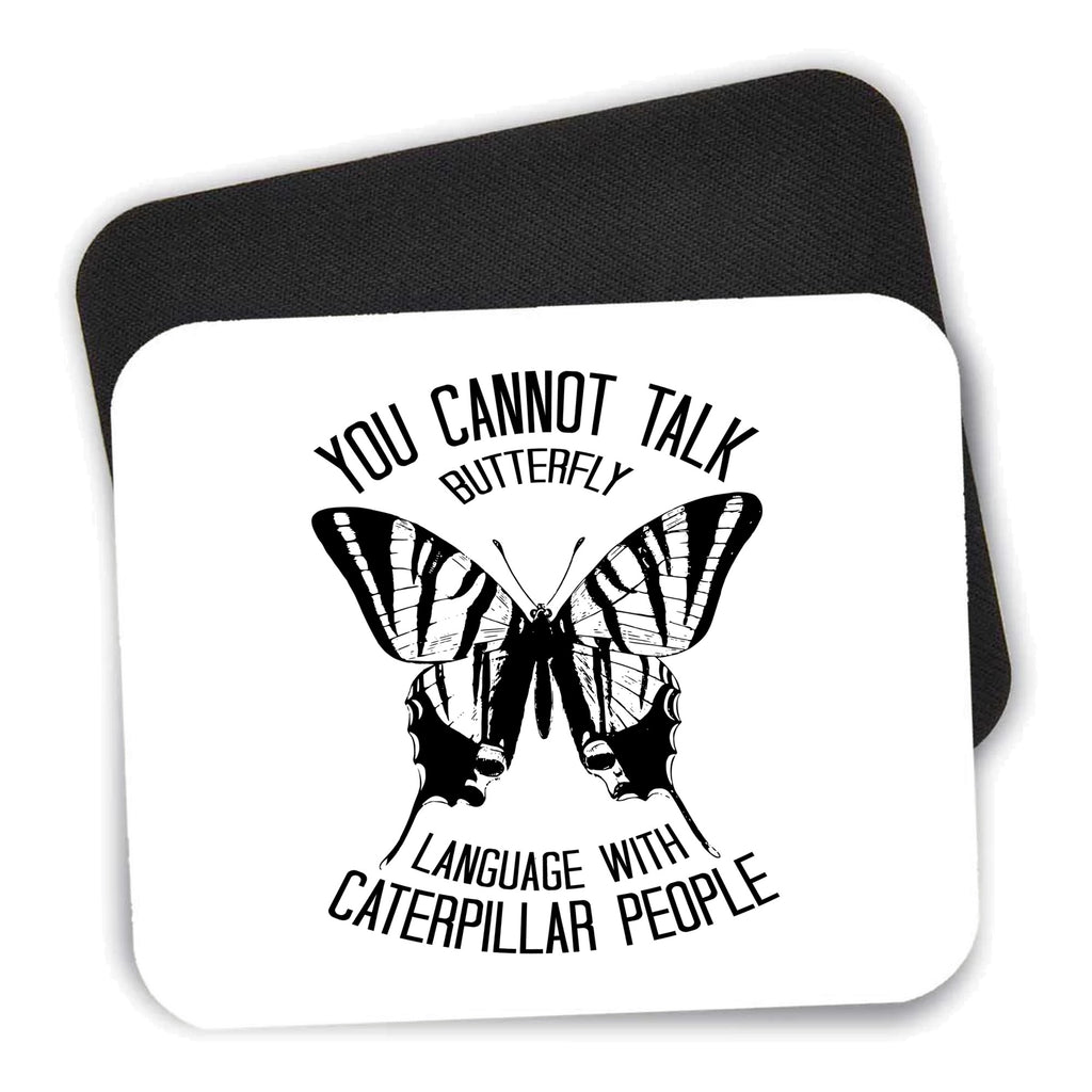 Can't Talk Butterfly with Caterpillar People mouse pad shown with its black non-slip rubber underside