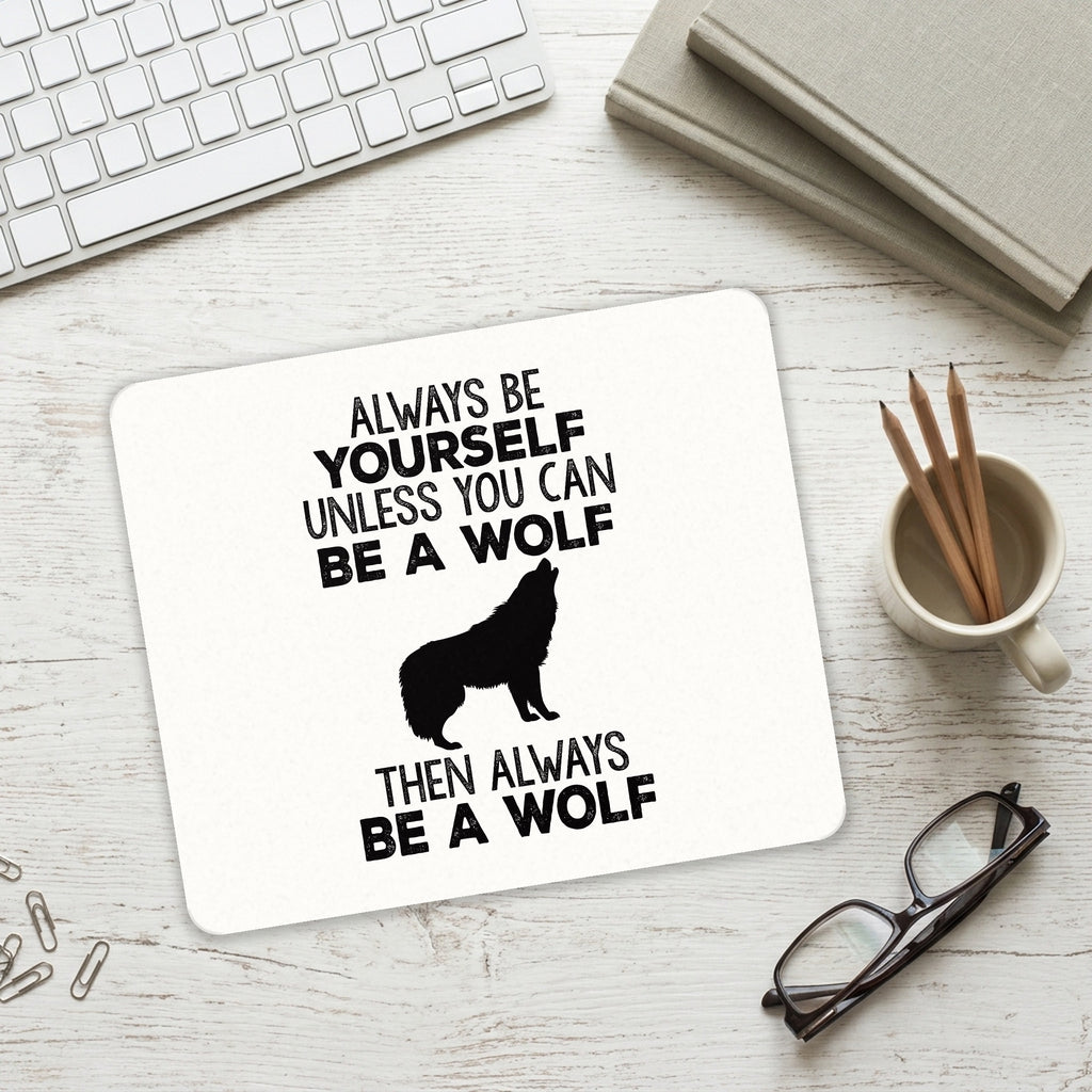 Always Be Yourself Unless You Can Be a Wolf mouse pad on a desk with a keyboard